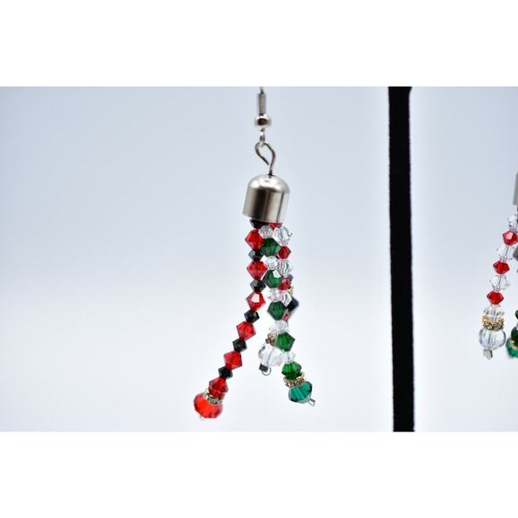 Vintage Crystal Beaded Earrings Christmas Holiday Shiny Dangle Red Green Bin7 - Picture 4 of 11